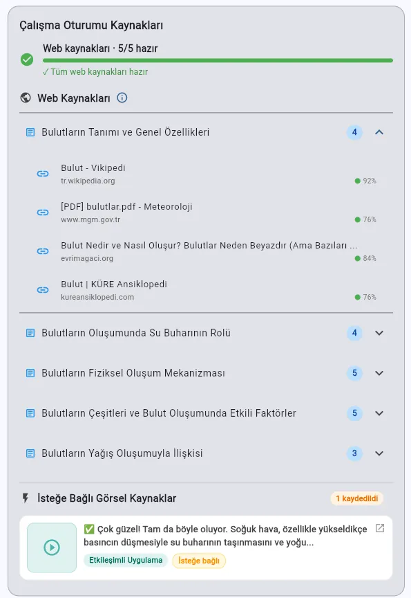 ScolerAI adaptive study content resources — per-heading web sources with relevance scores and optional visual resources