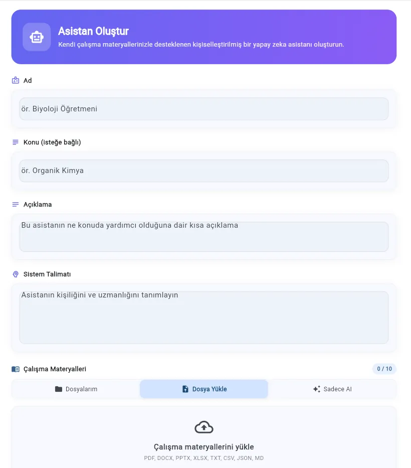 ScolerAI Learning Assistant creator — name, subject, description, custom system instructions, and study-material upload (up to 10 files)