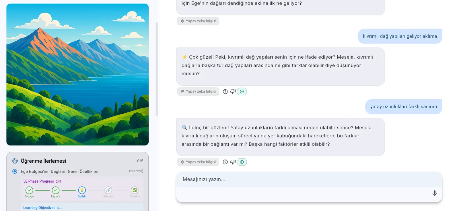 ScolerAI Constructivist 5E session — a visual shown first, an inquiry-driven chat, and a live Engage→Explore→Explain→Elaborate→Evaluate phase tracker