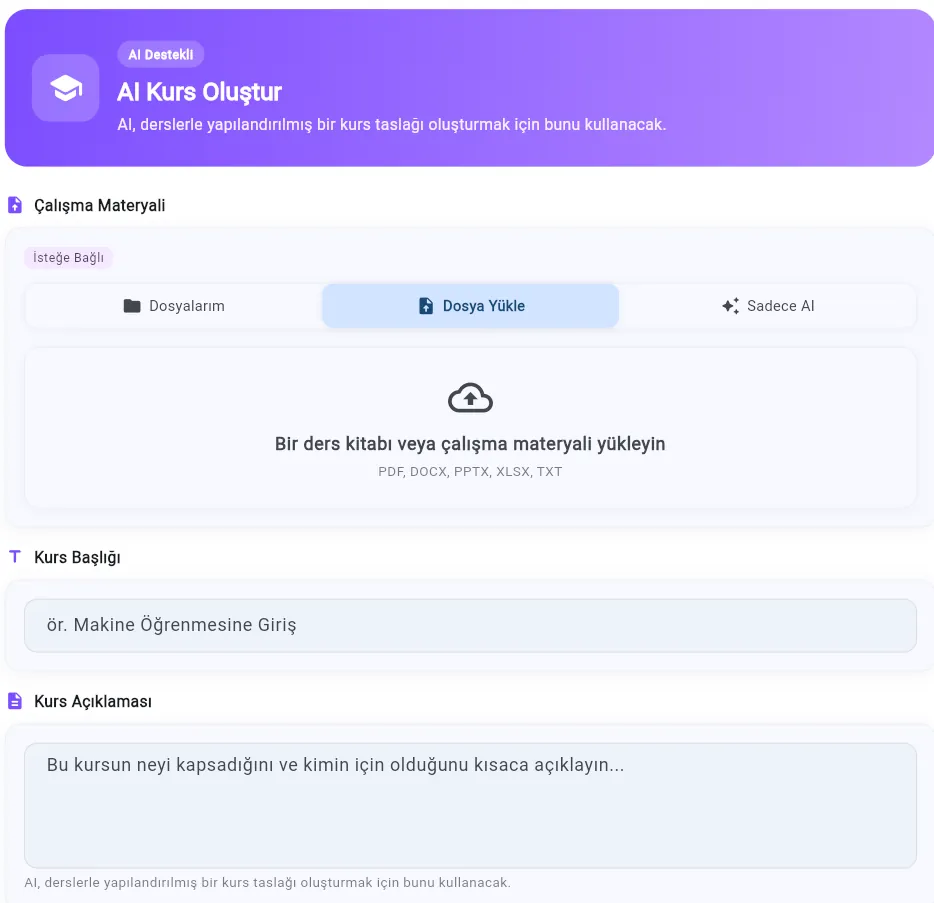 AI course creator — optional study-material upload, course title, and description fields for generating a structured course