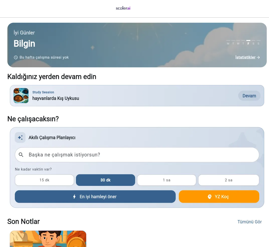 ScolerAI dashboard — personalized greeting, resume-where-you-left-off session, and smart study launcher