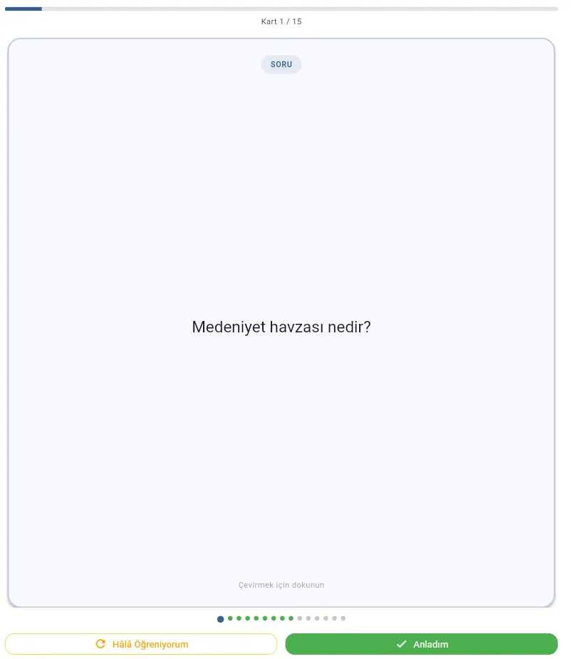 Flashcard study view — question card 1 of 15 with Still Learning and Got It buttons