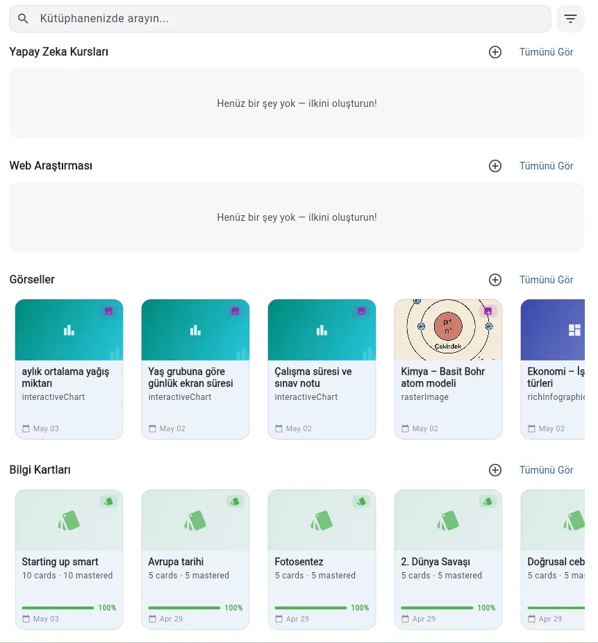 ScolerAI library page — searchable, sectioned view of courses, web research, generated visuals, and flashcard sets with a filter bar