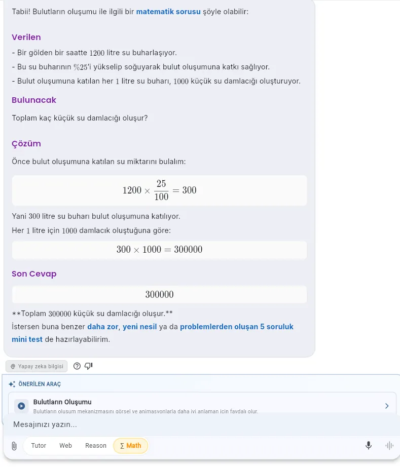 ScolerAI Instant Q&A in Math mode — a structured Given / Find / Solve / Answer solution with LaTeX equations and offers for a harder problem or a 5-question mini test