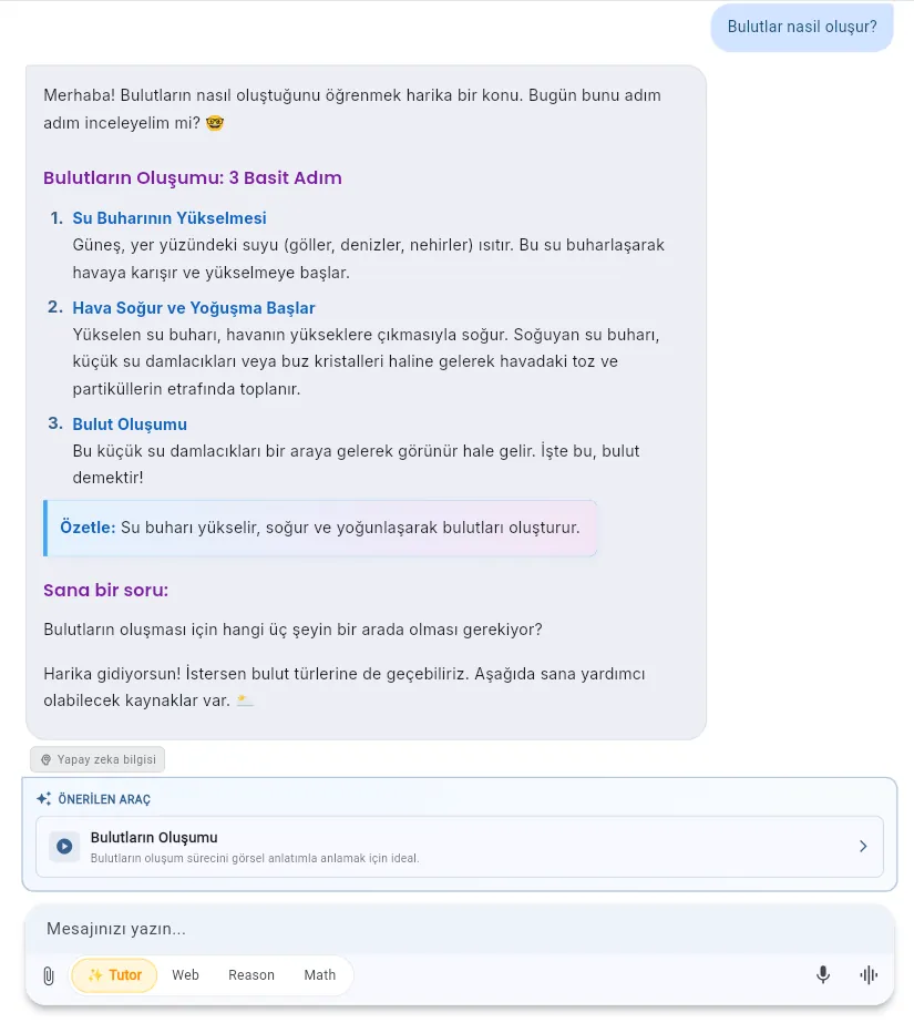 ScolerAI Instant Q&A in Tutor mode — a step-by-step explanation of how clouds form, ending with a check question and a suggested video lesson