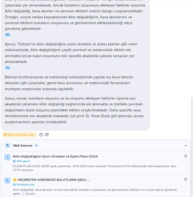 ScolerAI Instant Q&A in Web mode — an answer with numbered citations, a 'Contains web research' provenance badge, and a panel of clickable web sources