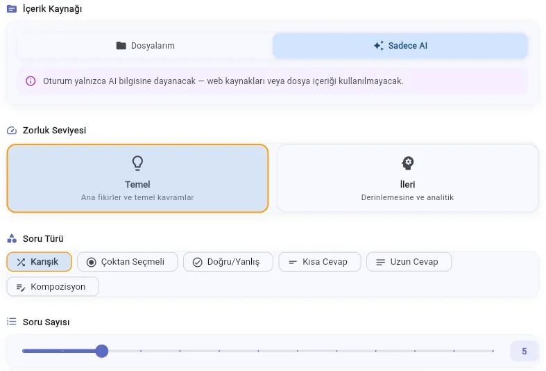 Quiz generator options — content source, basic or advanced difficulty, five question types, and question-count slider
