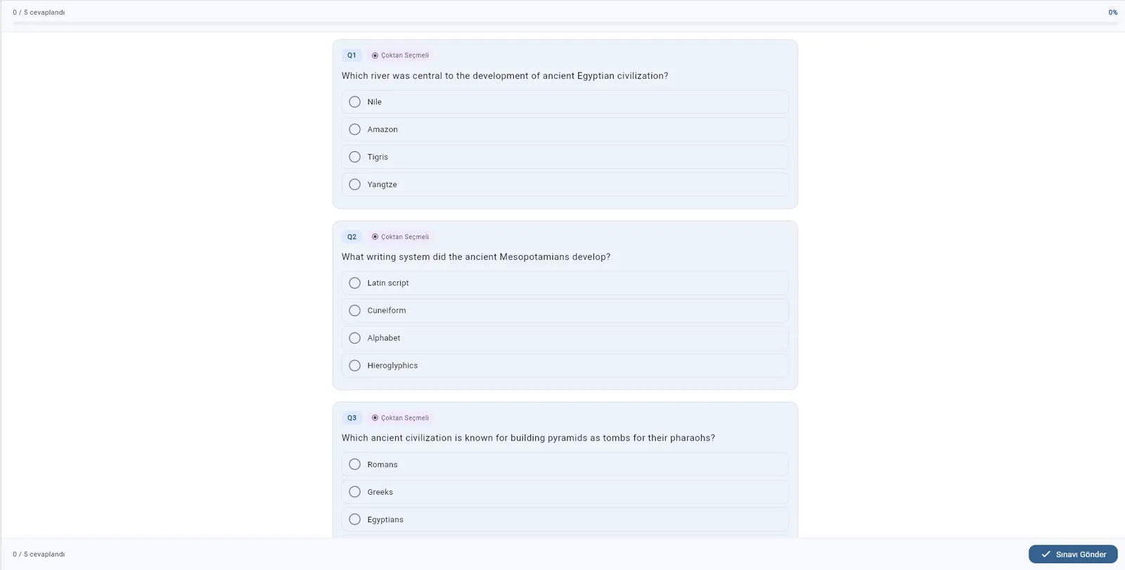Quiz-taking view — multiple-choice questions about ancient civilizations with a progress bar and submit button