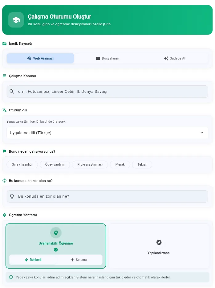 ScolerAI study session creator — content source (web, files, or AI), topic, session language, study purpose chips, and the teaching method choice: Adaptive Learning with Guided / Challenge toggle, or Constructivist