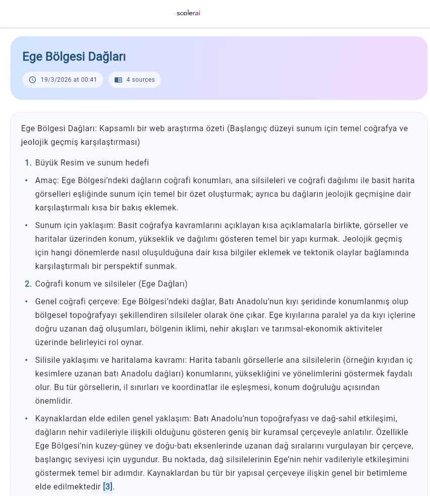 ScolerAI web research — a synthesized academic answer with a sources count and an inline numbered citation